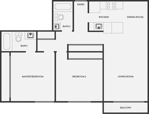 Floor plan for 2 beds, 2 baths, 937 sqft